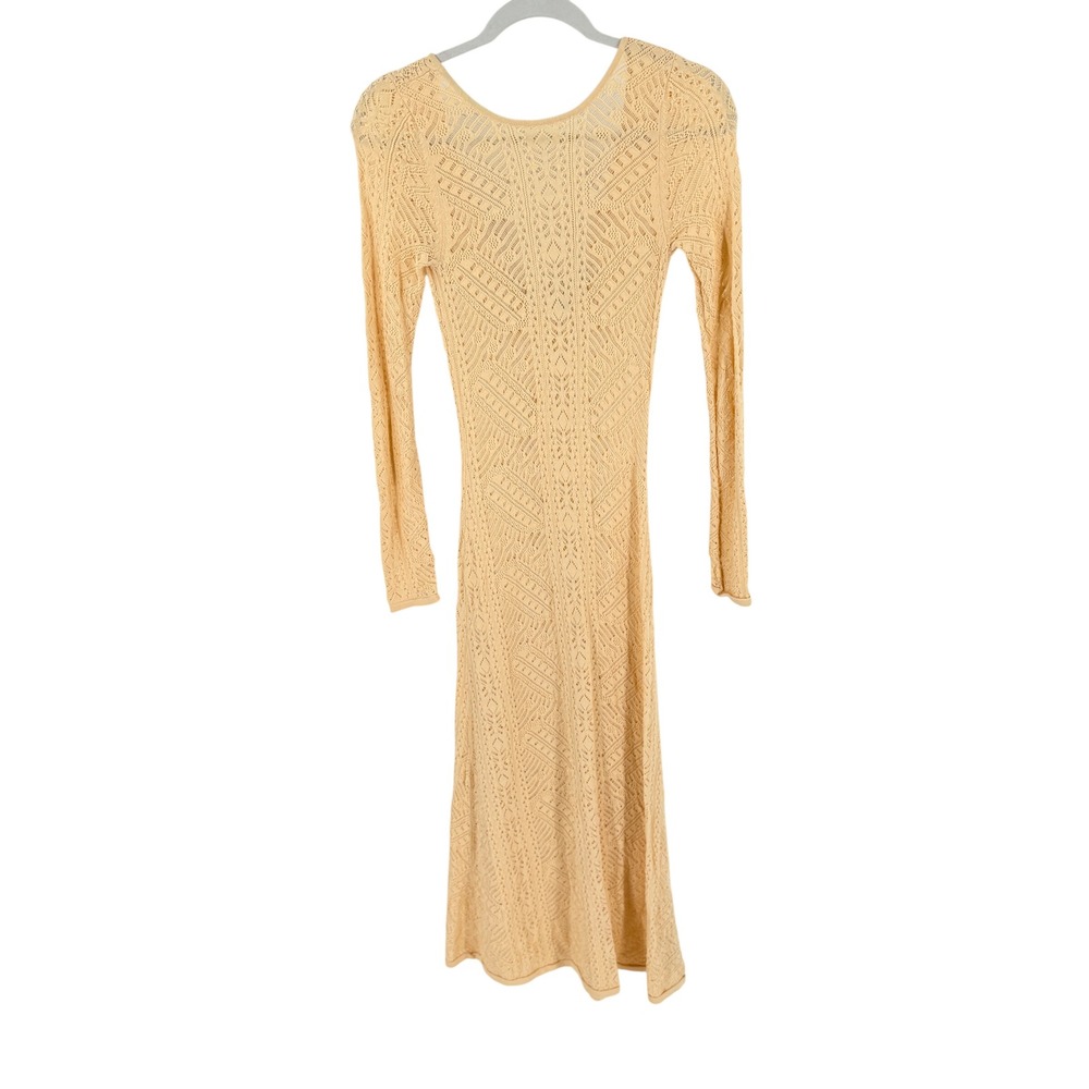 Zara Butter Yellow Pointelle Crochet Knit‎ Midi Dress Small Boho Long Sleeve